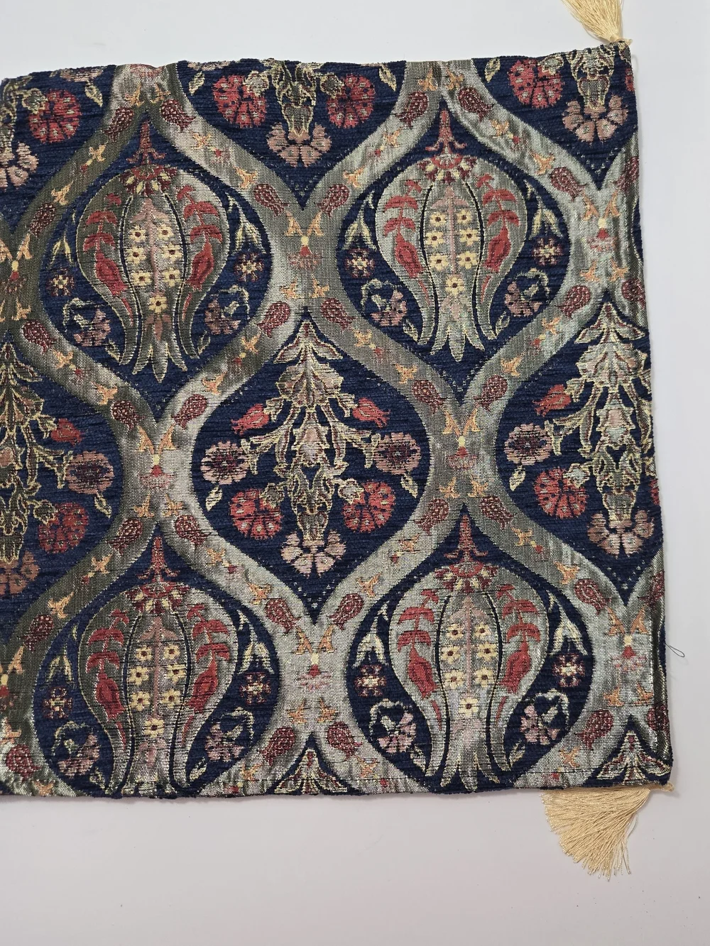 Ornate Tapestry Cushion Cover with Tassels - Navy, Red, Gold
